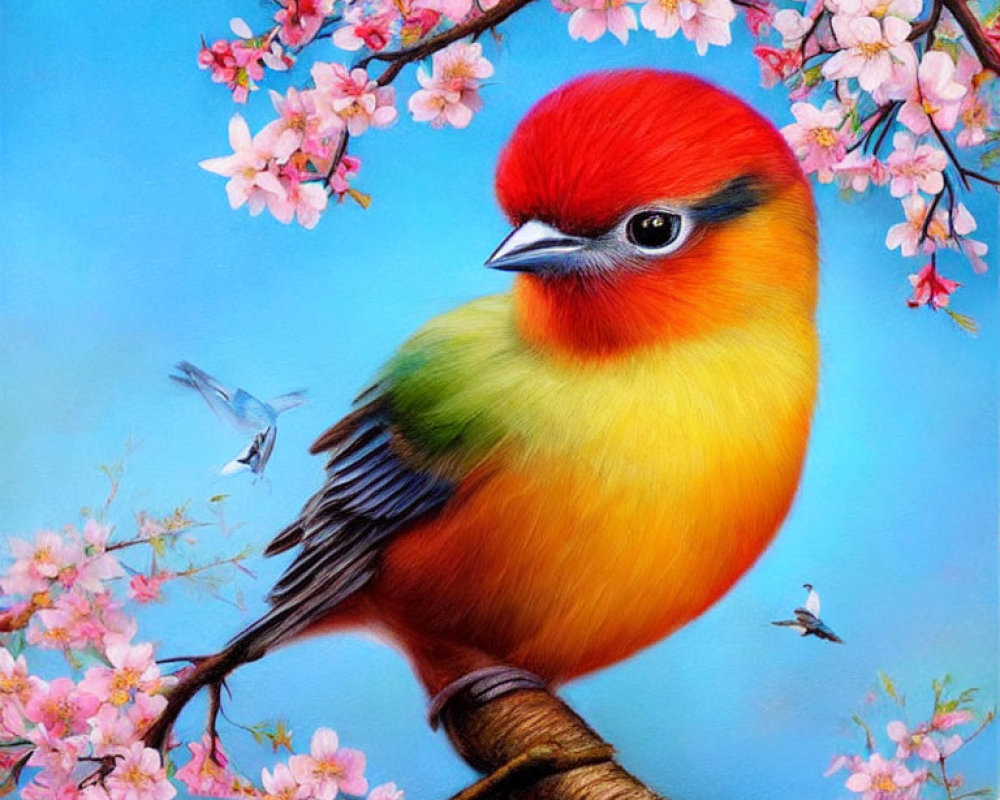 Colorful Bird Perched on Branch Among Pink Blossoms