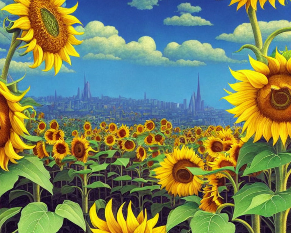 Sunflower Field with City Skyline on Horizon and Blue Sky