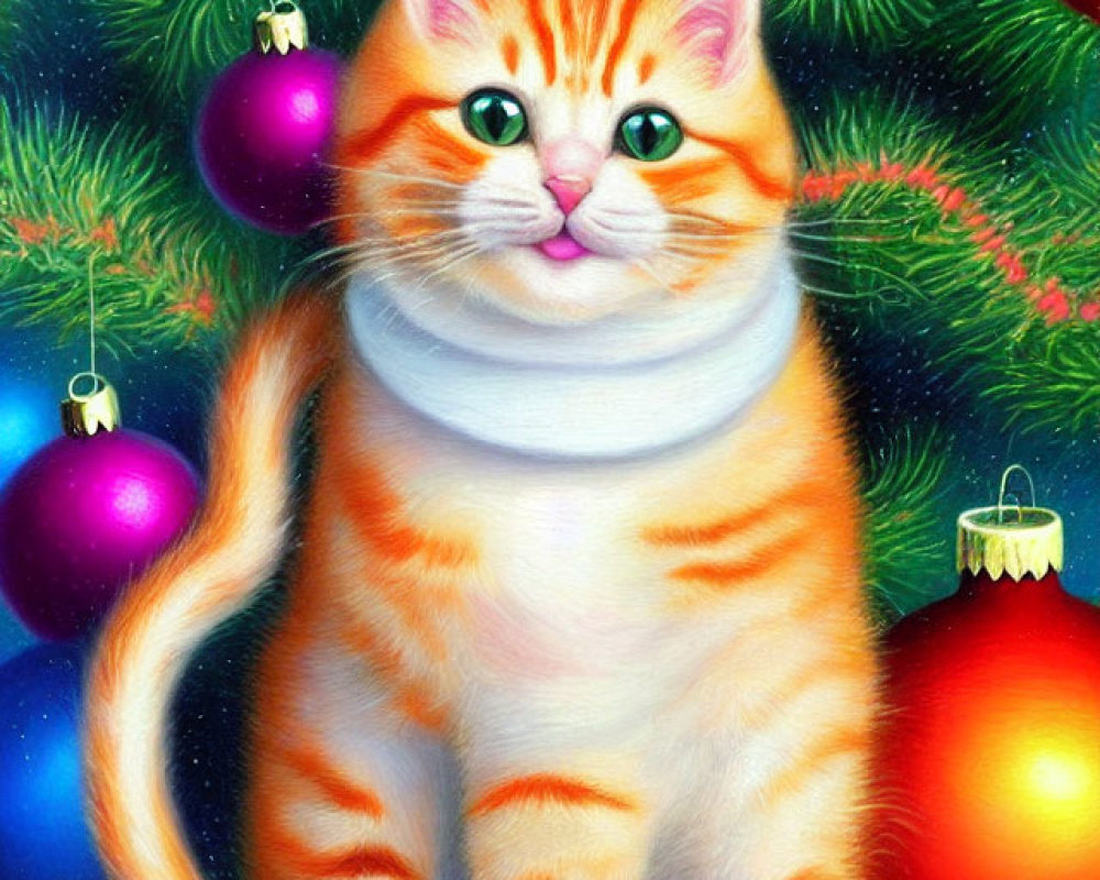 Striped kitten with white scarf by Christmas tree with red and purple ornaments