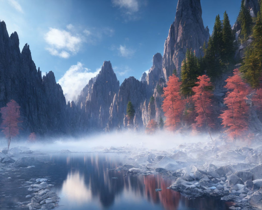 Misty river and autumn trees with rocky peaks under blue sky