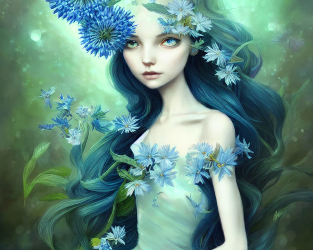 Fantastical illustration of woman with blue hair and flowers in serene green backdrop