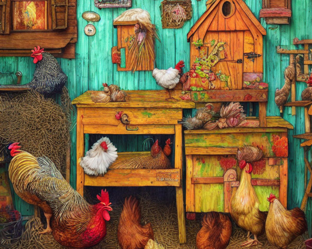 Vibrant image of chickens in rustic henhouse setting