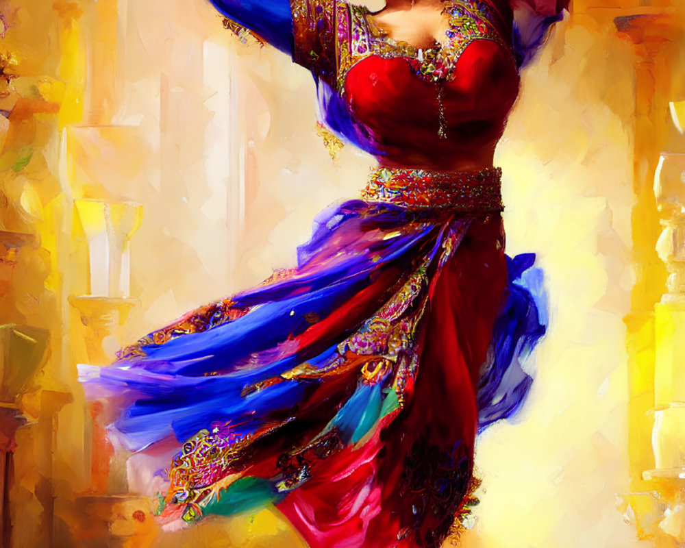 Colorful Woman Dancing in Traditional Attire on Golden Background