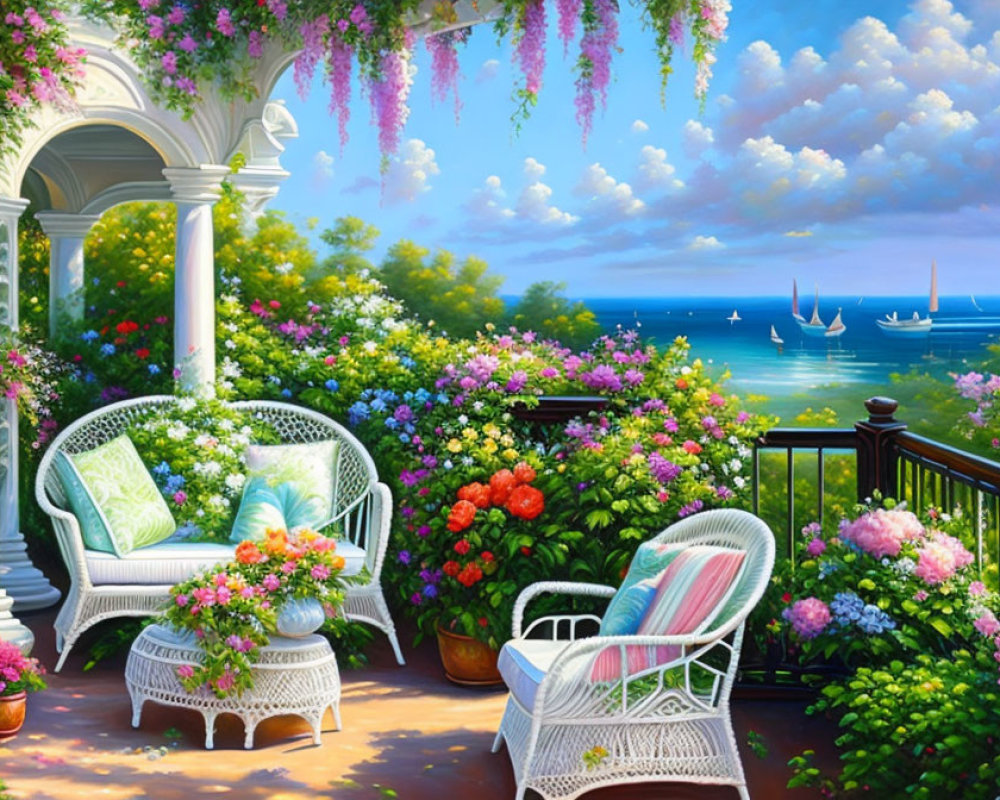 Ocean view with flower-fringed patio and sailing boats in the distance