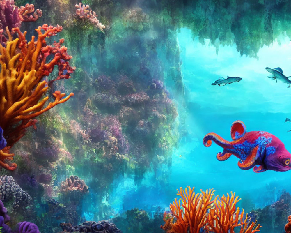 Colorful Underwater Scene with Corals, Octopus, and Fish