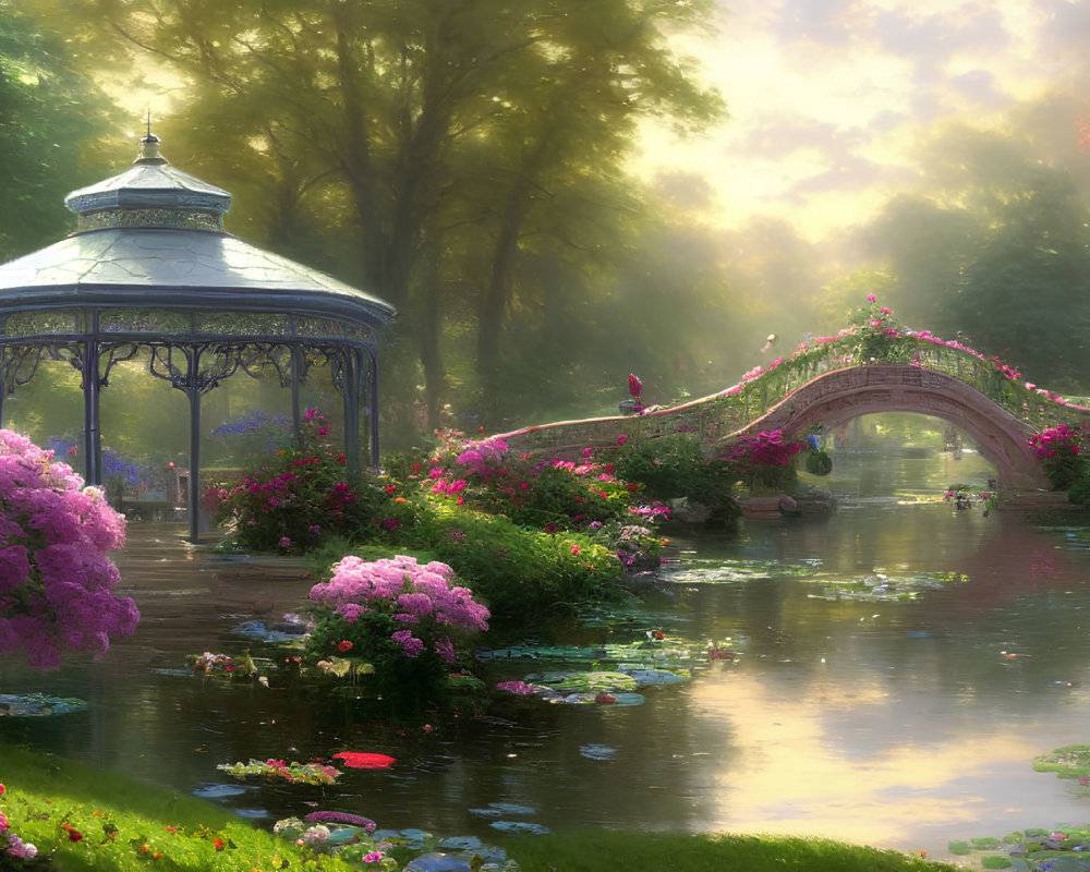 Tranquil garden with gazebo, flowers, bridge, and pond in warm light