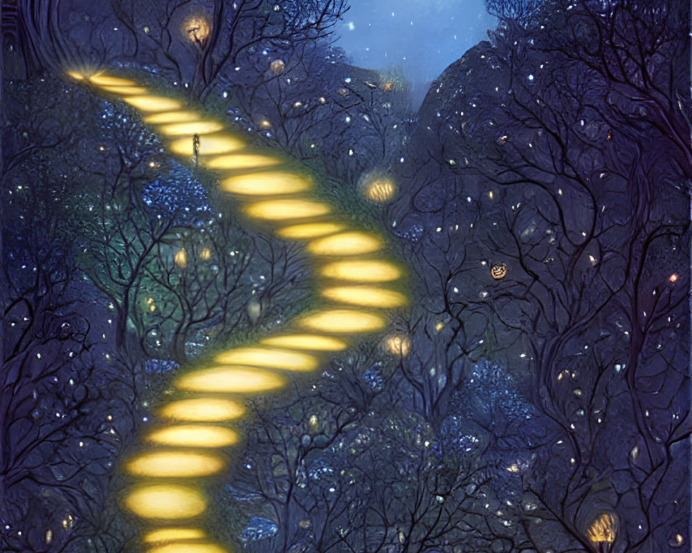 Golden Pathway Ascending into Starry Night Sky with Glowing Trees