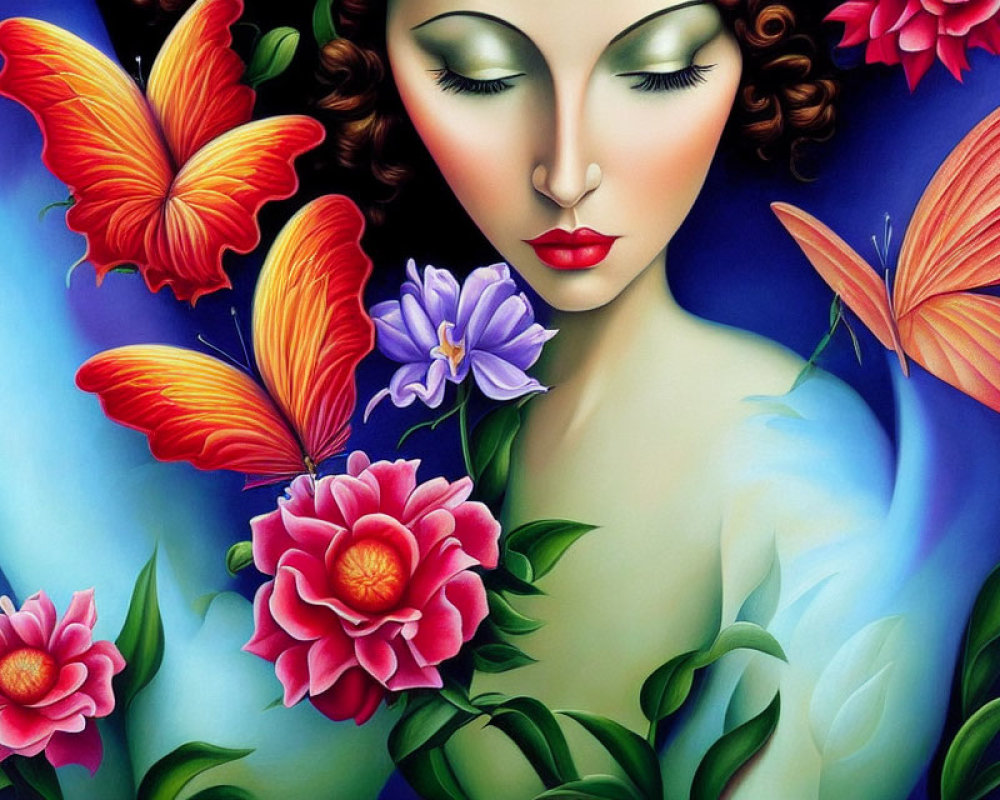 Colorful painting of woman with flowers and butterflies