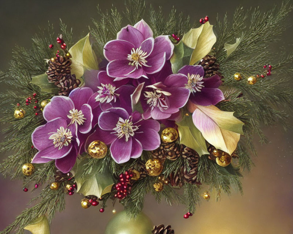 Purple Flowers, Pine Cones, Golden Ornaments, and Red Berries in Evergreen Arrangement