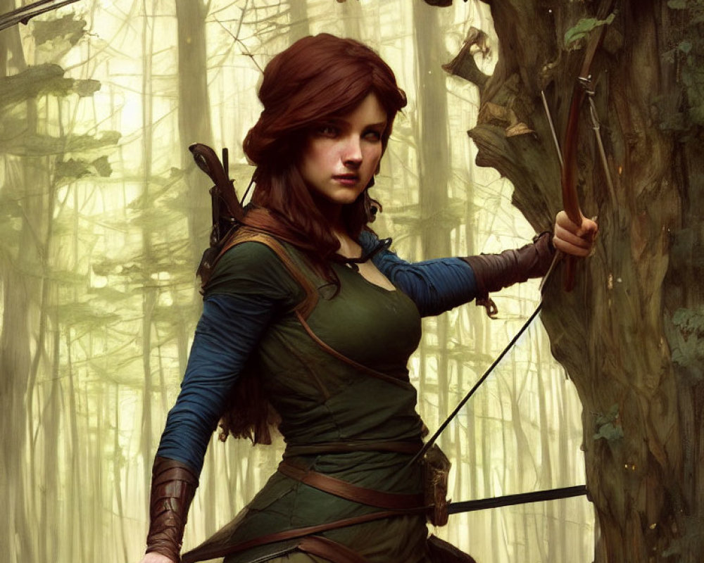 Female archer in forest with quiver and bow ready.