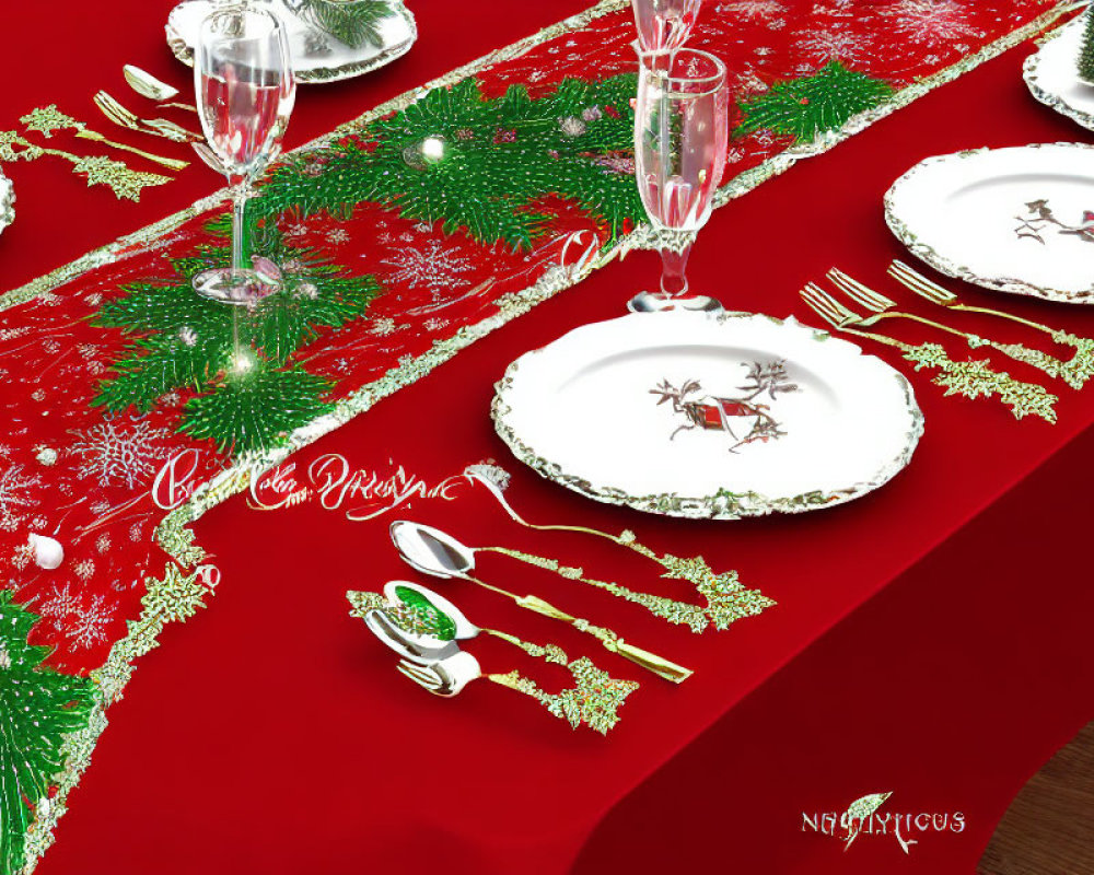 Elegant holiday table setting with festive plates, gold cutlery, crystal glasses, and holly