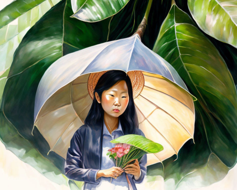 Young girl under leafy canopy with umbrella and pink flowers, thoughtful gaze