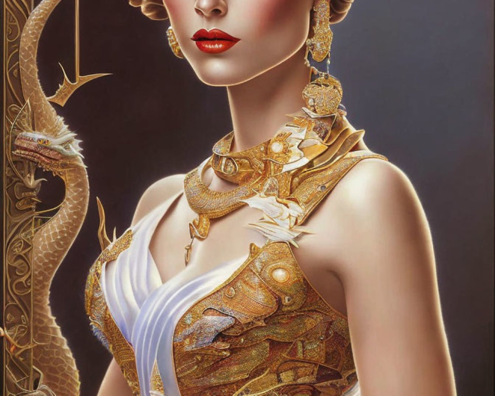 Regal woman with dragon-themed jewelry and fantastical armor.