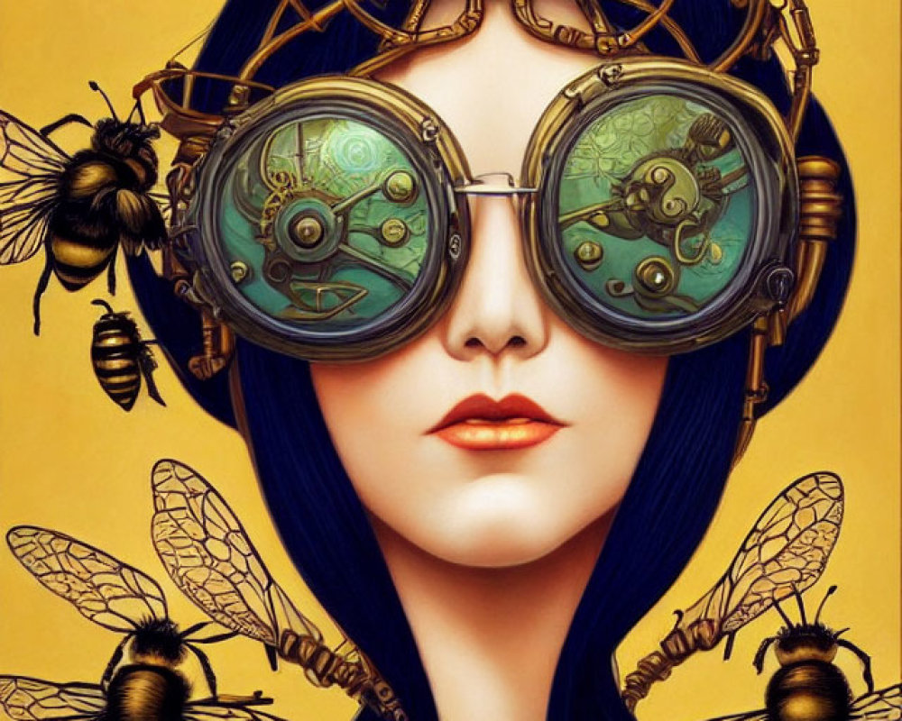 Fantastical woman with blue hair and steampunk goggles among bees and gears on yellow background