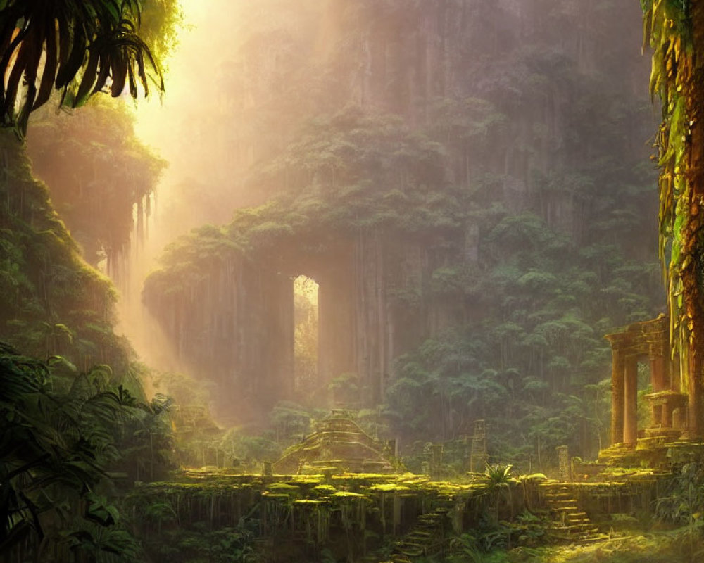 Lush Green Jungle with Ancient Ruins and Ethereal Sunlight