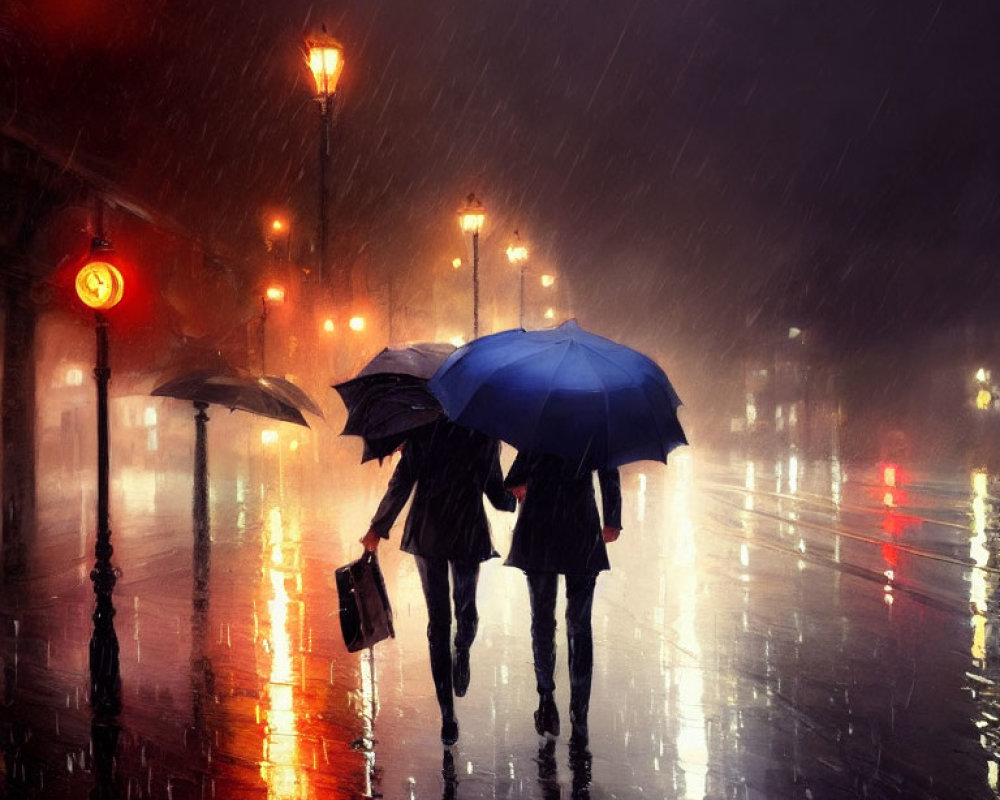 Two individuals with umbrellas strolling in rain under streetlights