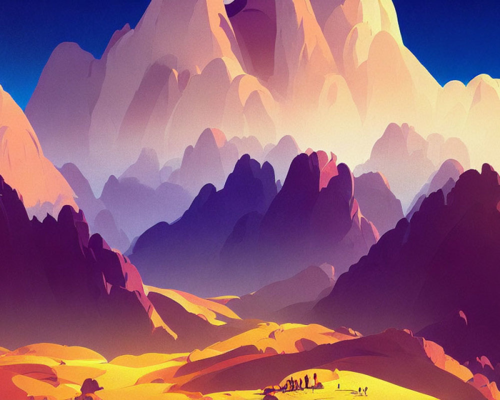 Colorful digital artwork: Mountain landscape with travelers