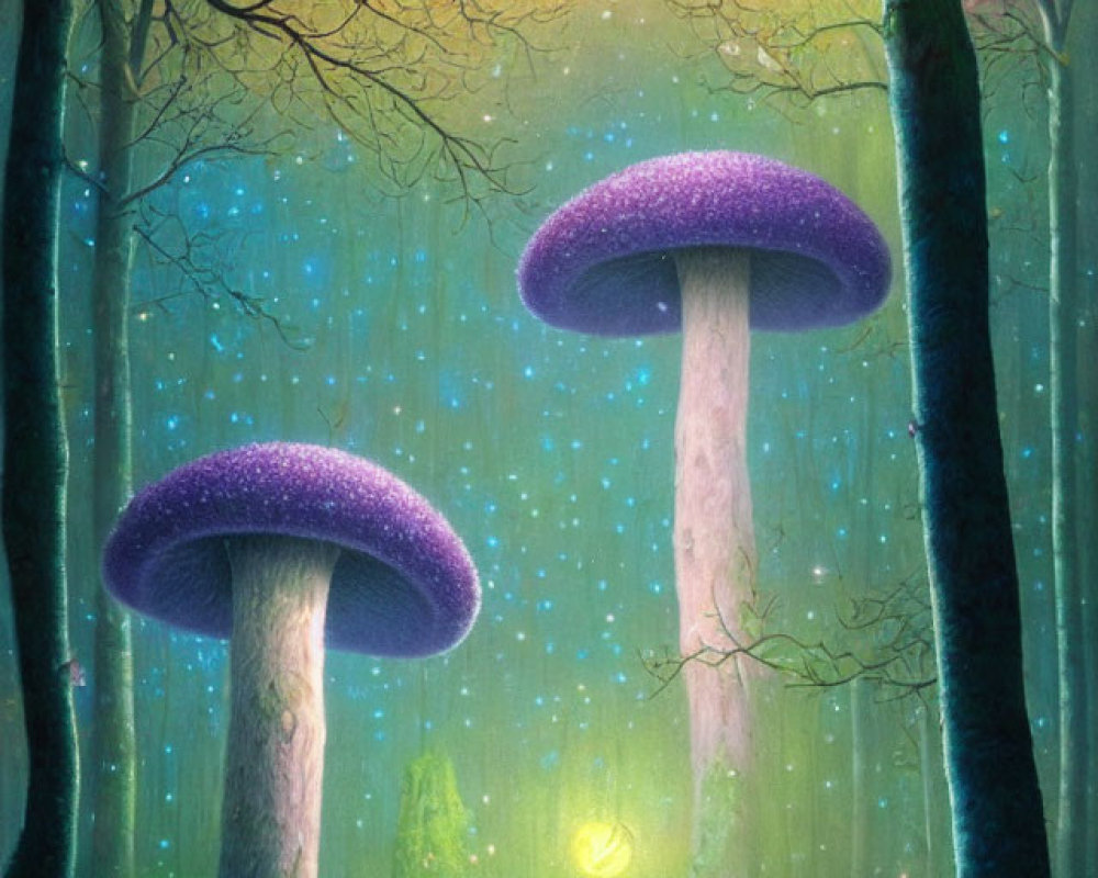 Enchanting forest with oversized purple mushrooms and glowing lights