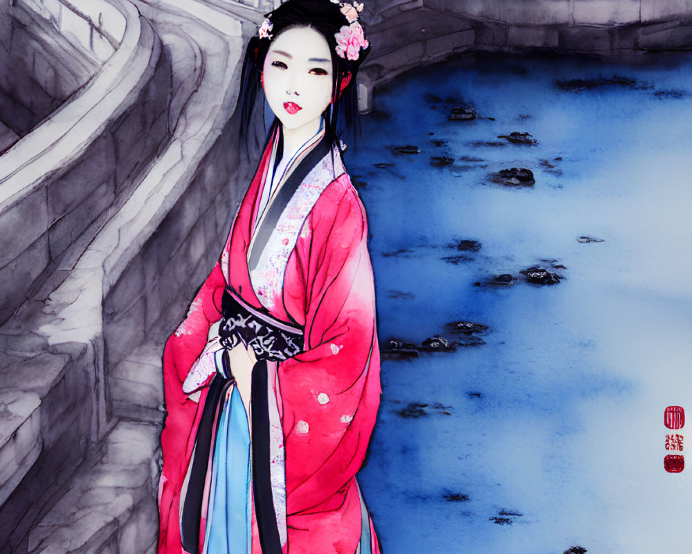 Asian artwork of woman in red kimono by tranquil stream