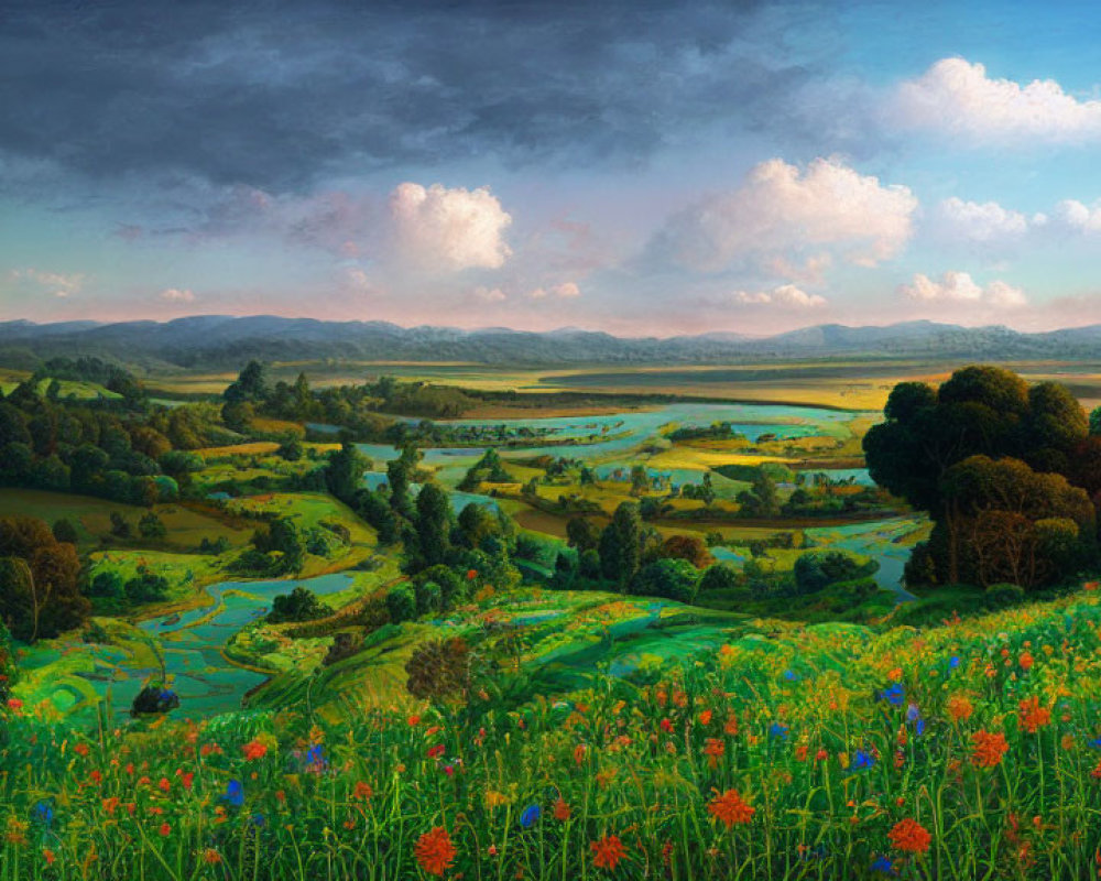 Rolling hills, winding river, wildflowers, and dynamic sky