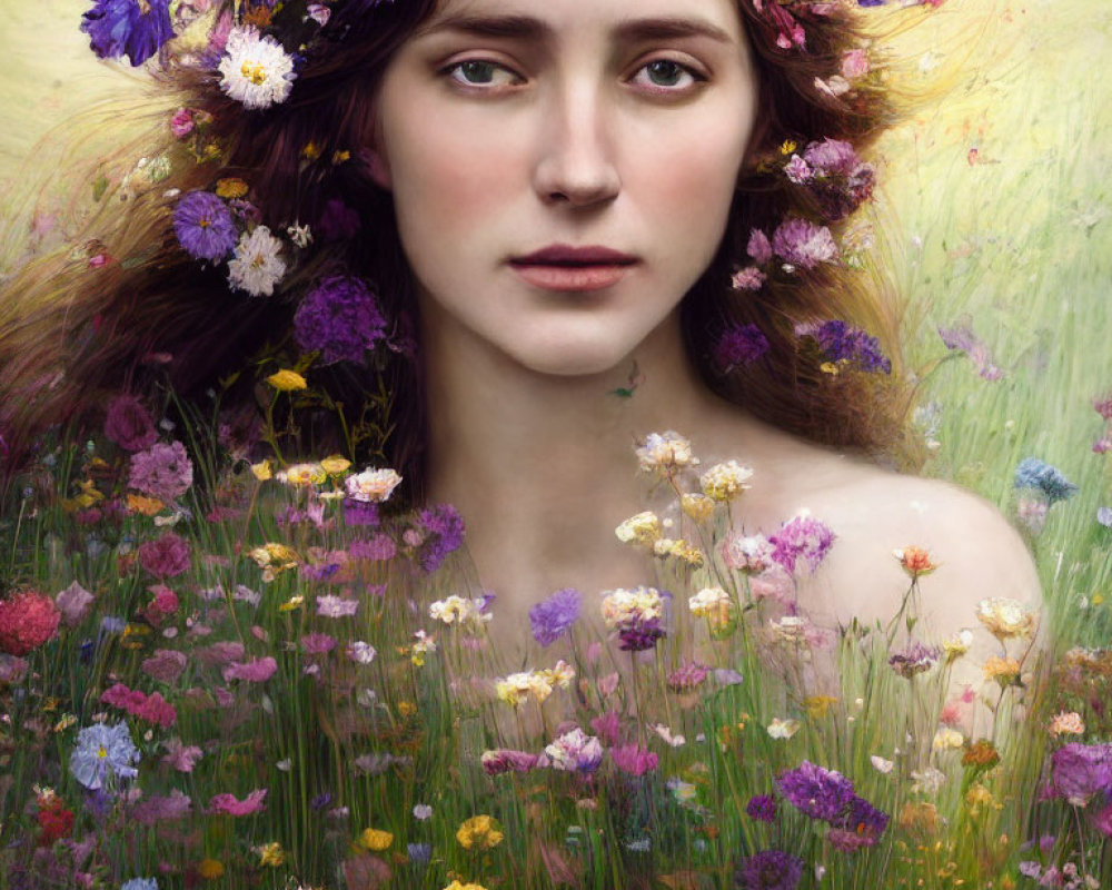 Woman portrait with serene expression and floral crown in wildflower meadow