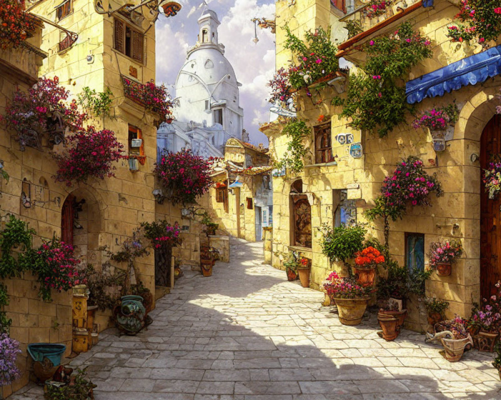 Cobblestone street with flowers, old buildings, and white dome against clear sky