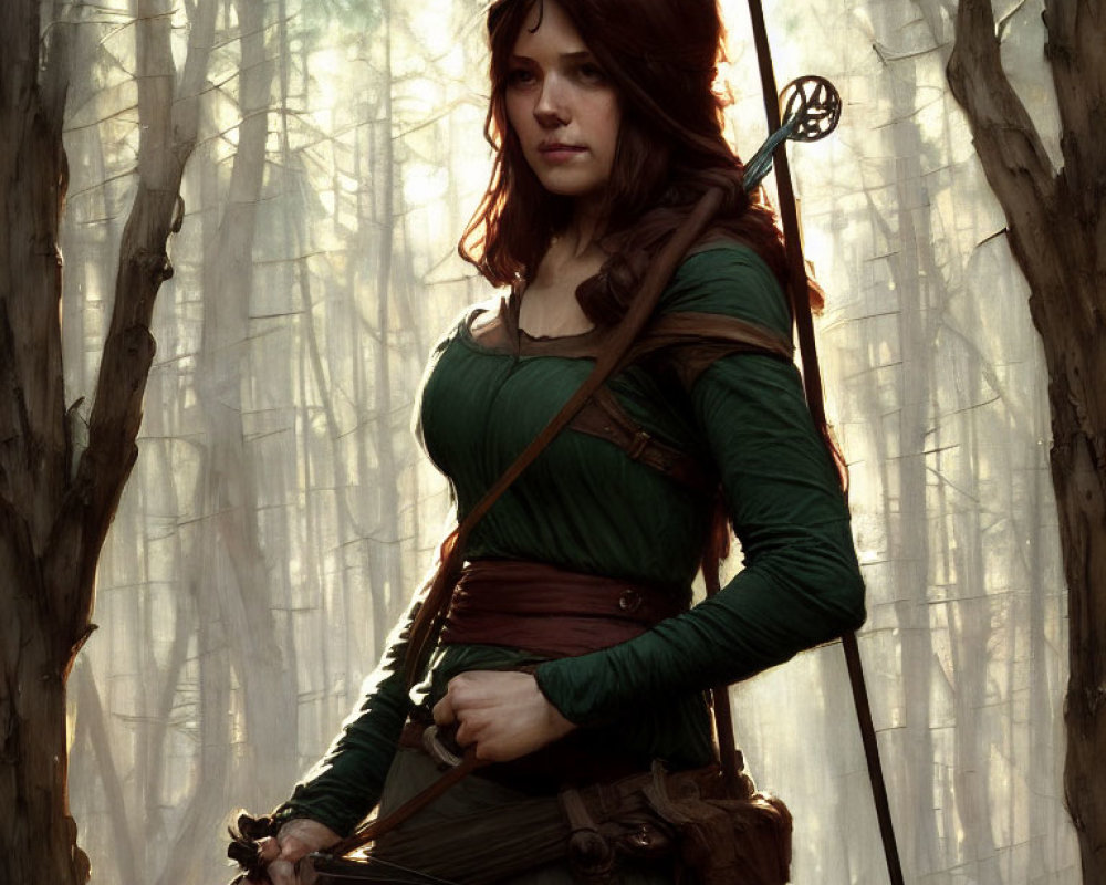 Fantasy female character in green medieval attire with bow in misty forest