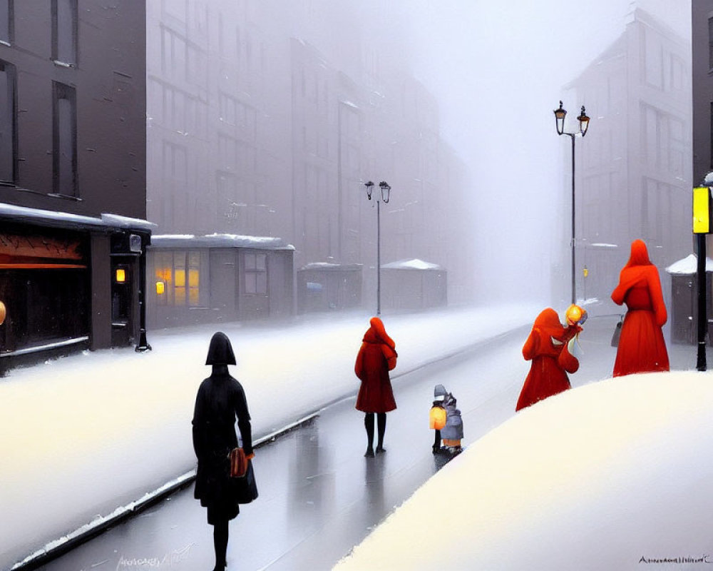 Snow-covered street with people in red cloaks, child interacting, cozy windows, gentle snowfall