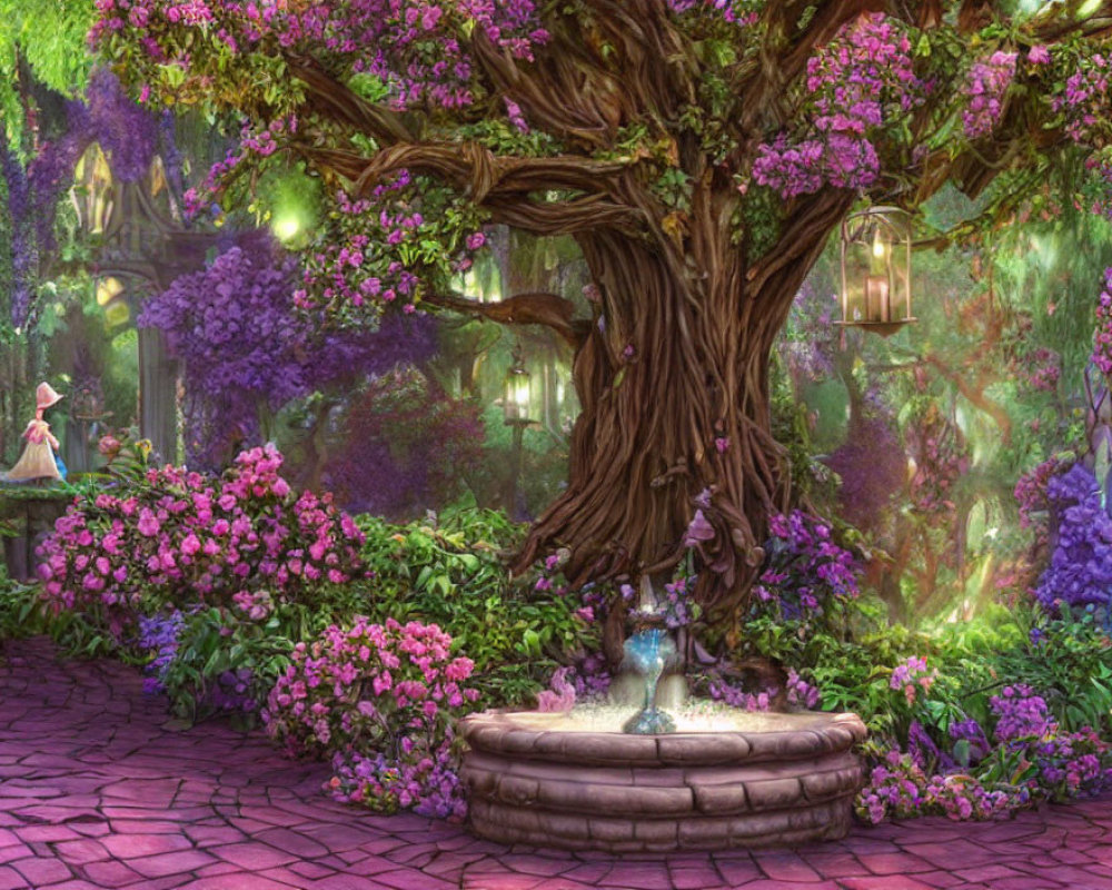 Vibrant Purple Foliage in Enchanted Garden with Tree, Pathway, Fountain,