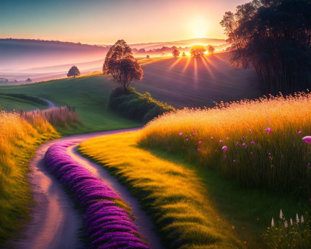 Scenic sunrise over rolling hills and winding path