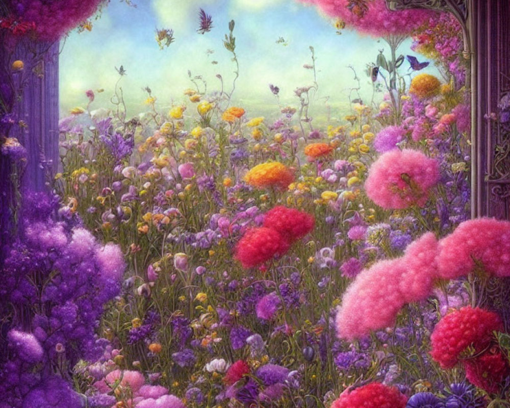 Colorful fantasy garden with floating butterflies and purple sky