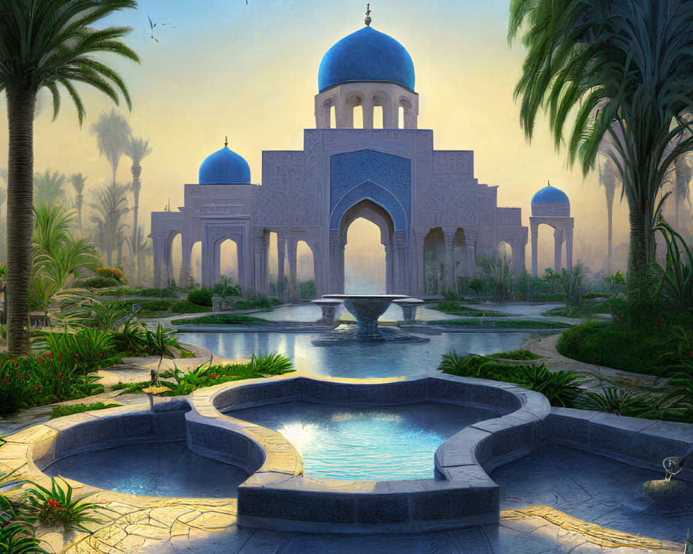 Digital artwork: Serene oasis with blue domes, palm trees, fountains