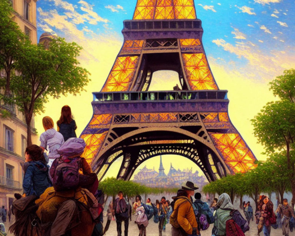 Tourists and backpackers near Eiffel Tower at golden hour