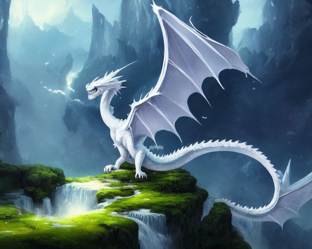 White Dragon on Cliff with Waterfall in Mystical Landscape