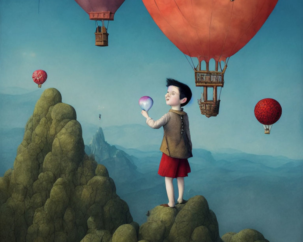 Child admiring glass orb with hot air balloons in surreal sky