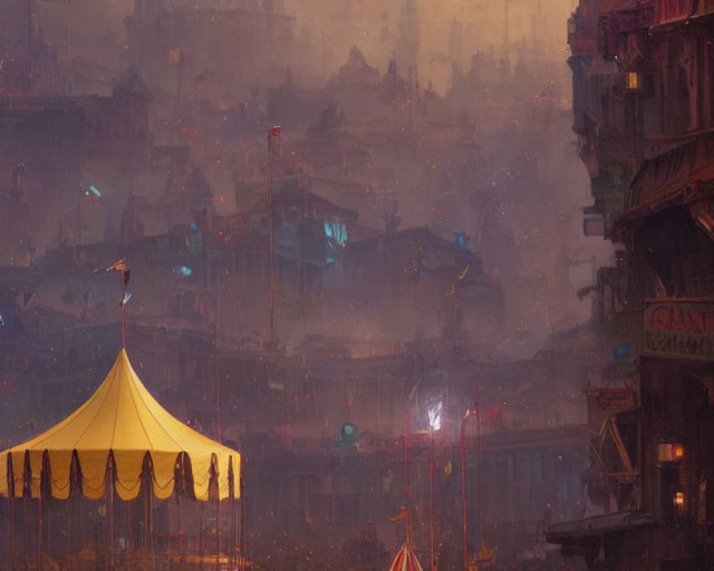 Dystopian cityscape at dusk: crowded streets, colorful tents, multi-layered architecture