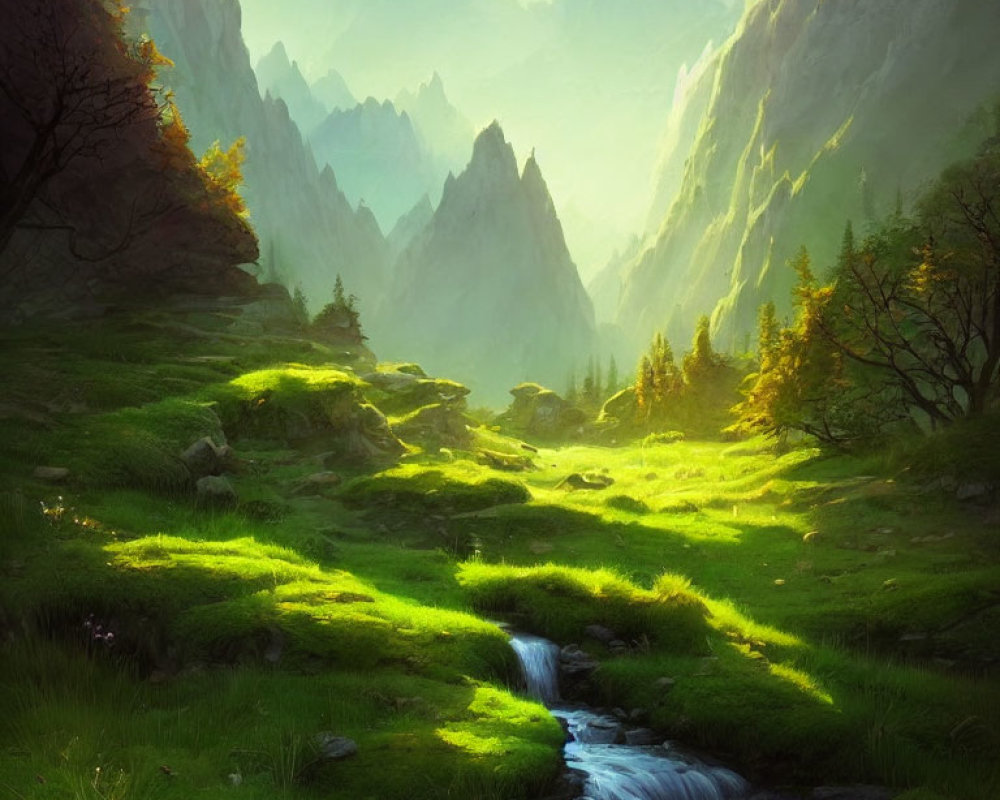 Serene valley with stream, mountains, and sunlight