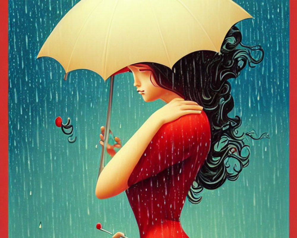 Woman in Red Dress with Cream Umbrella in Rainy Scene