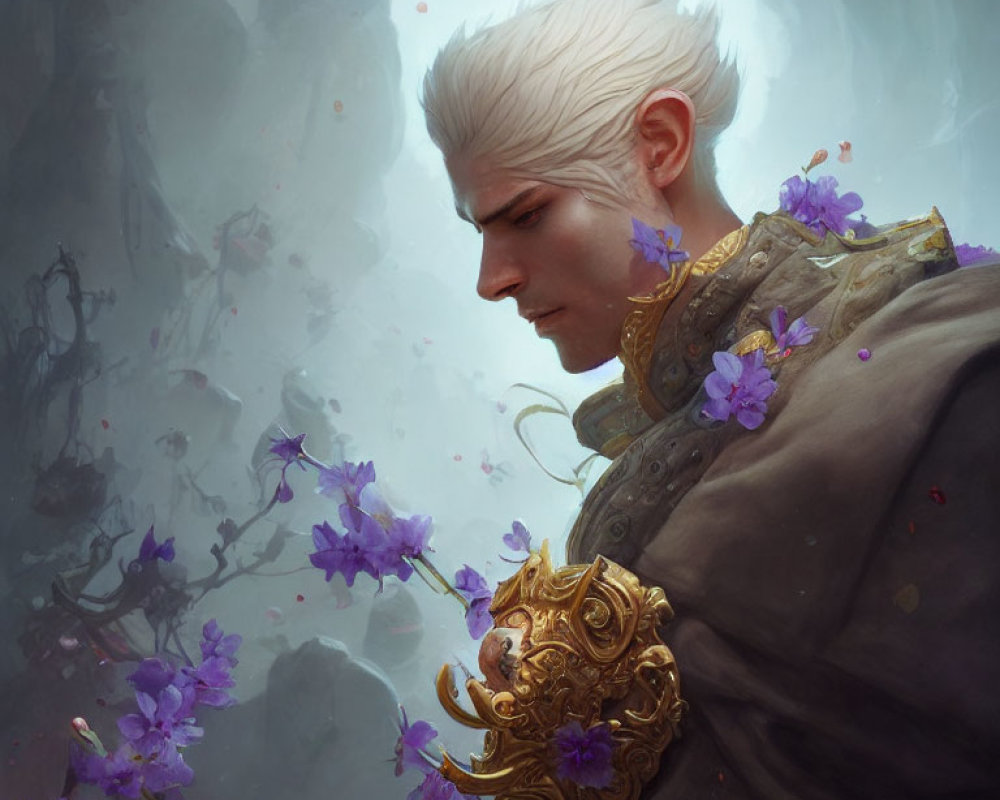 White-Haired Figure with Violet Flowers Holding Golden Object in Misty Floral Scene