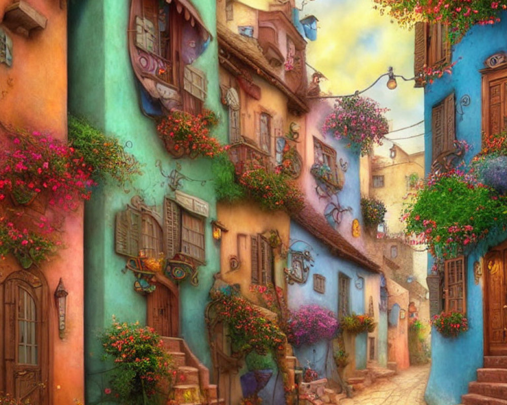 Colorful Alley with Blooming Flowers and Quaint Architecture