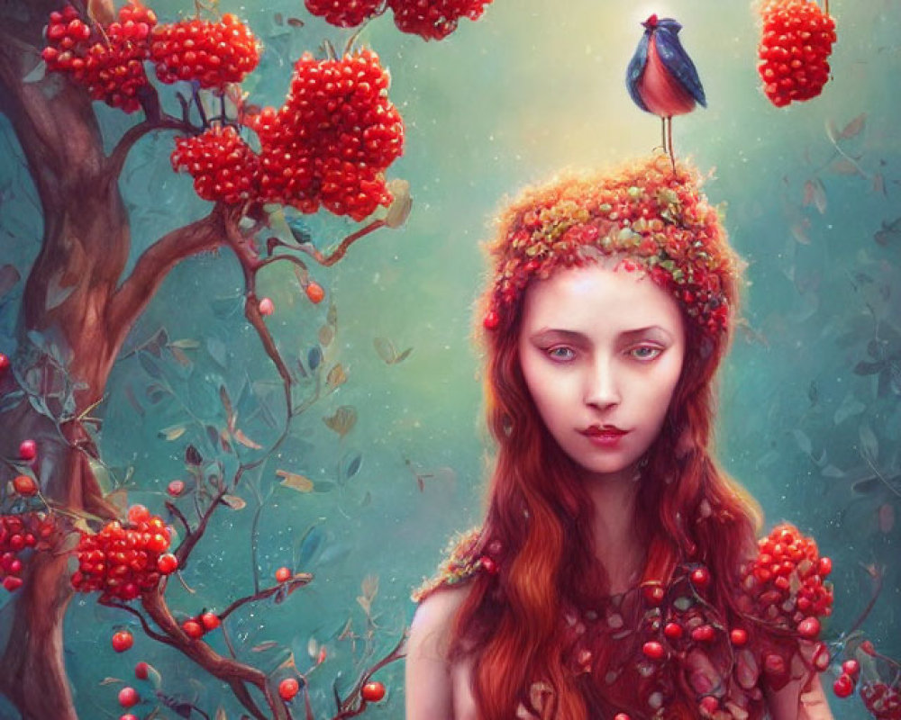 Red-haired girl with berry-adorned headband in surreal forest with blue bird