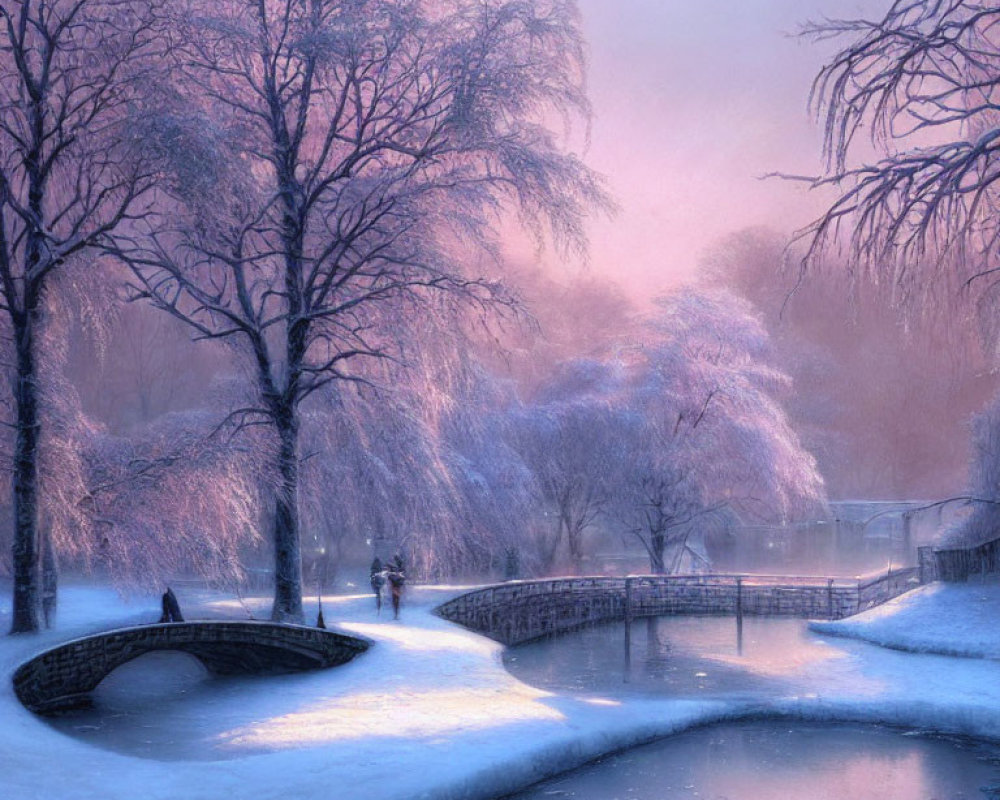 Snow-covered trees, stone bridge, frozen river, and figures in a serene winter landscape