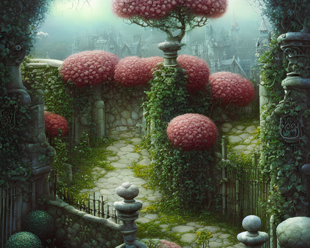 Vibrant pink-capped mushrooms in mystical garden pathway.