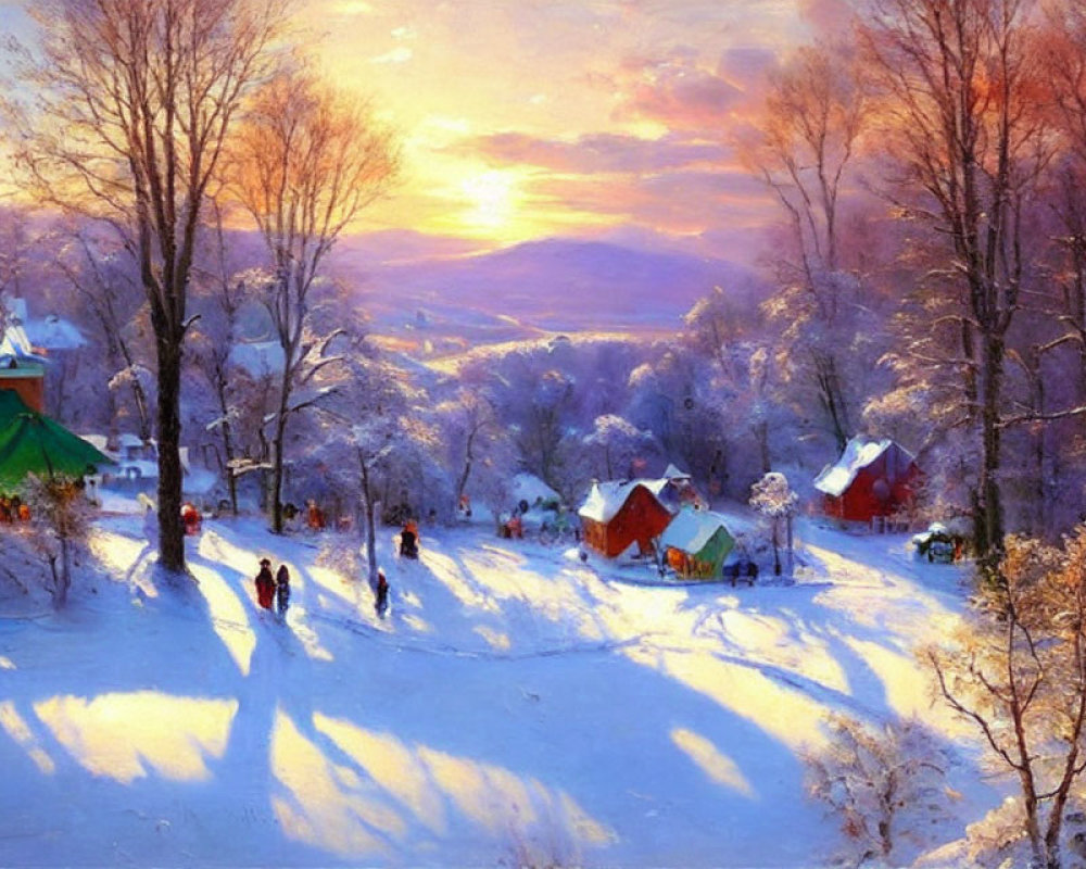 Snow-covered Winter Sunset Scene with People, Houses, and Bare Trees