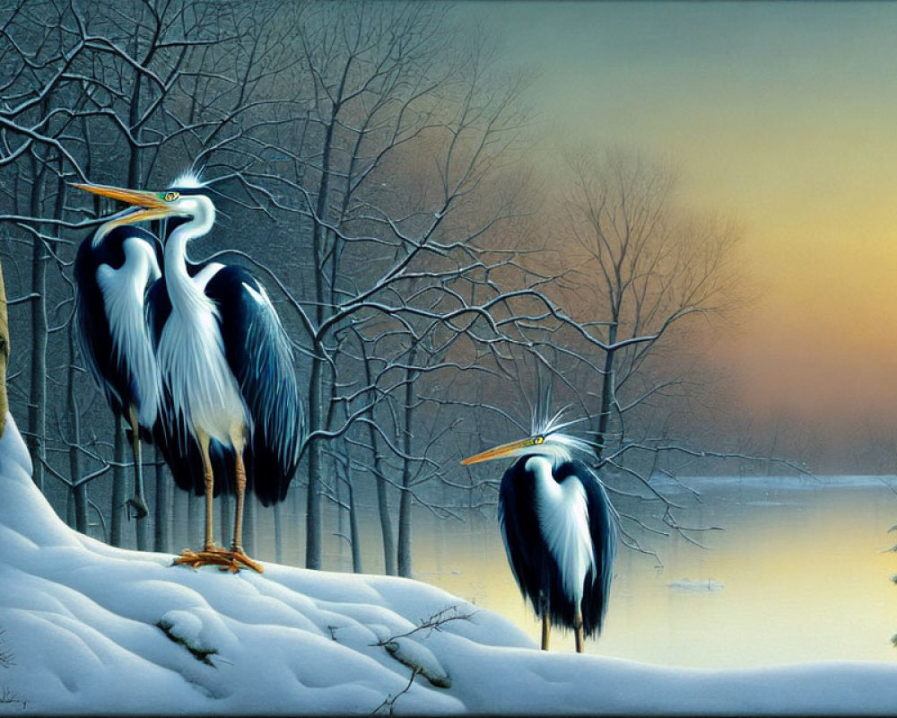 Snowy Landscape: Two Herons, Bare Trees, Glowing Horizon, Tranquil Water