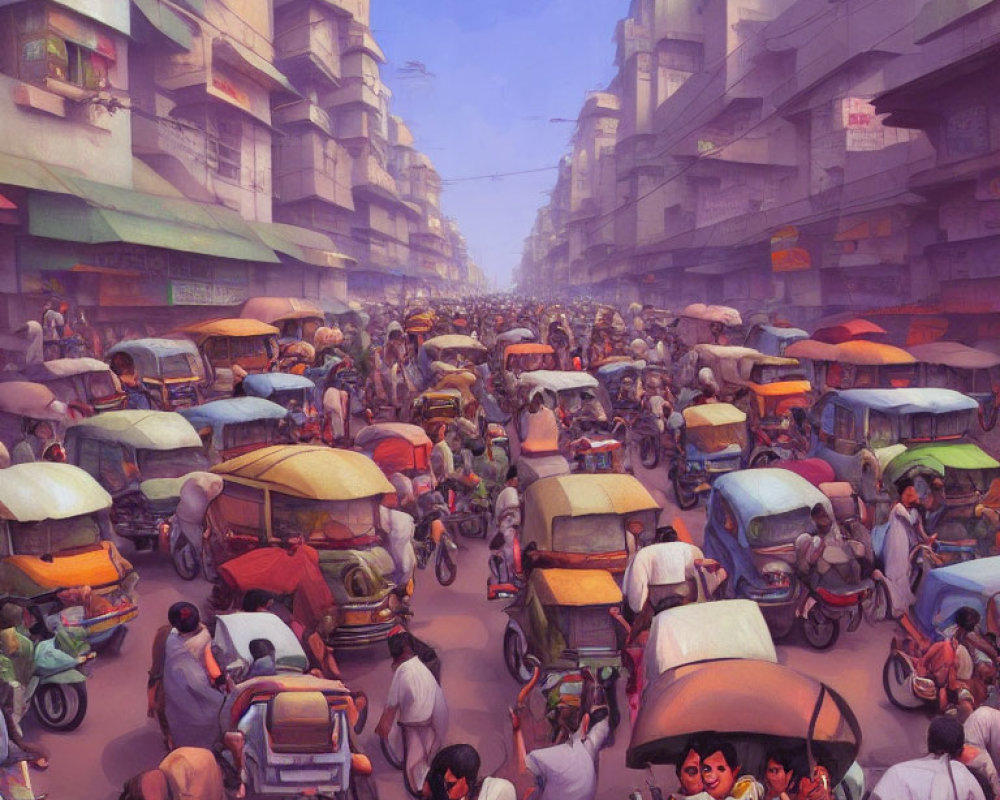 Colorful Auto-Rickshaws in Bustling Urban Street Scene