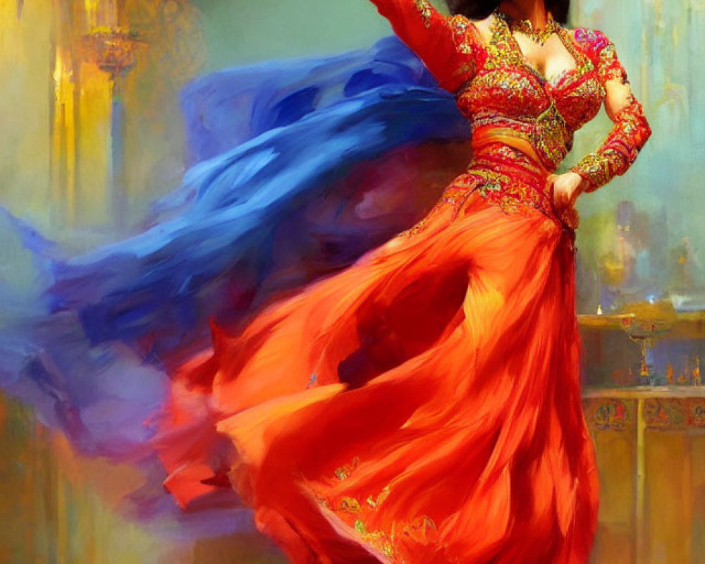 Traditional attire woman dancing with orange skirt and blue scarf