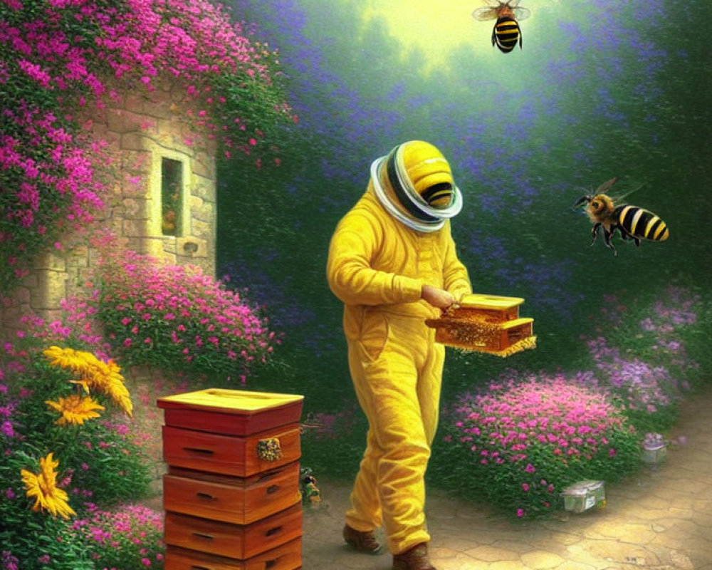 Astronaut tending to beehives in lush garden with oversized bees under sunlit sky