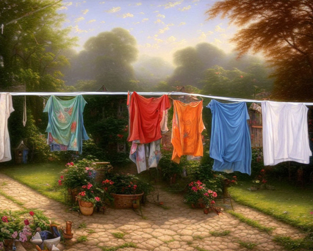 Sunlit garden with fresh laundry hanging among blooming flowers.