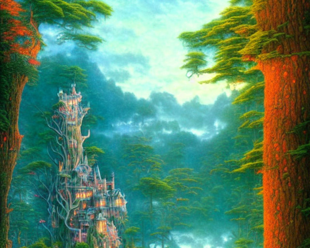 Enchanting forest scene with castle, lake, and glowing sky